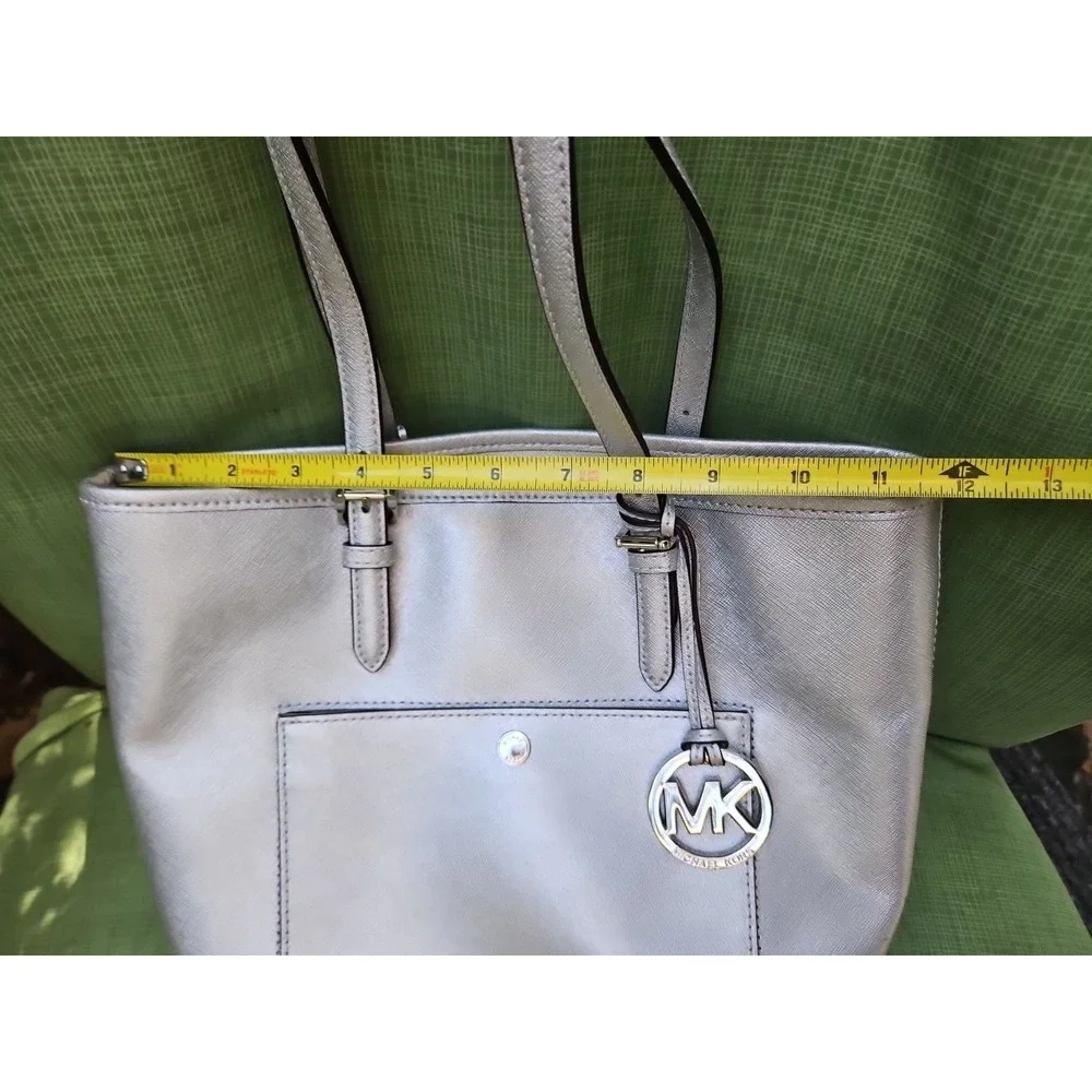 Michael Kors Jet Set Silver Metallic Tote Bag Purse Satchel MK‎ Logo Large